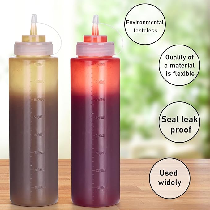 Katfort Squeeze Bottles for Sauces 2 Pack, 27 Ounce 800ml Plastic Dressing Squirt Bottles with Cap Lids, Condiment Bottle for Liquids BBQ Dressing Pancake Art Dispenser