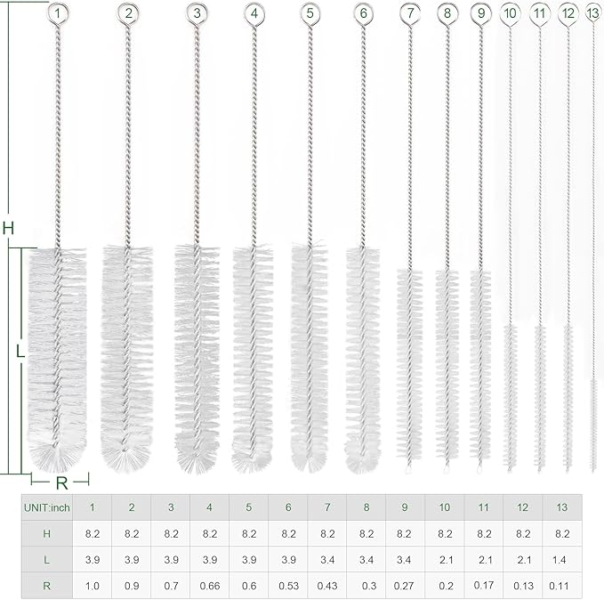 CiaraQ Bottle Cleaning Brushes, 8 Inch Nylon Tube Brush Set, Cleaner for Narrow Neck Bottles Cups with Hook, Set of 13pcs, White