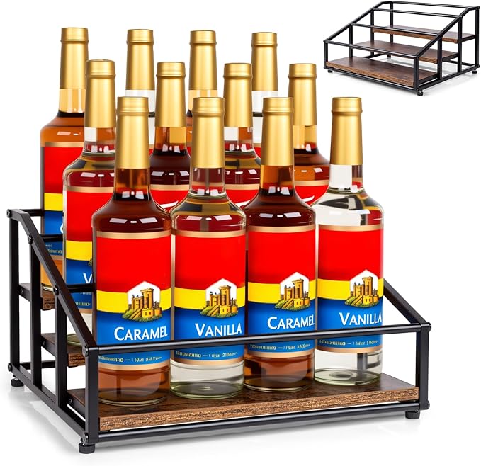 kimilus Coffee Syrup Organizer Rack, Liquor Bottle Display Shelf, 3 Tier 12 Syrup Bottles Holder Stand for Coffee Bar Kitchen Small Wine Rack for Family Storage for Syrup Wine Dressing