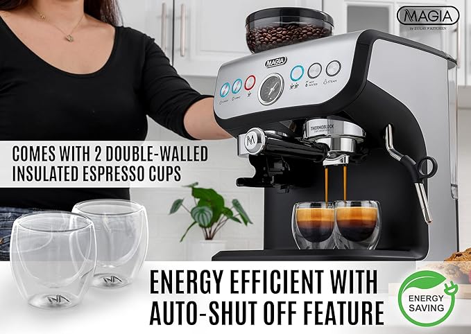 Zulay Kitchen Magia Manual Espresso Machine with Built-In Grinder & Steam Wand – 15 Bar Pressure Espresso Maker, 2L Removable Water Tank, Milk Frother, Complete Home Barista Set, Black & Silver