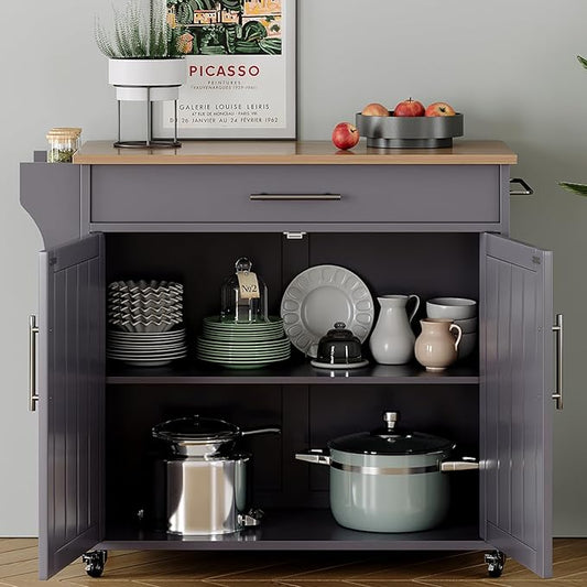 Wood Kitchen Island with Storage, Wooden Rolling Kitchen Island On Wheels with Countertop, Mobile Kitchen Island Cart with Towel Rack, Spice Rack, Adjustable Shelf and Drawers, Grey