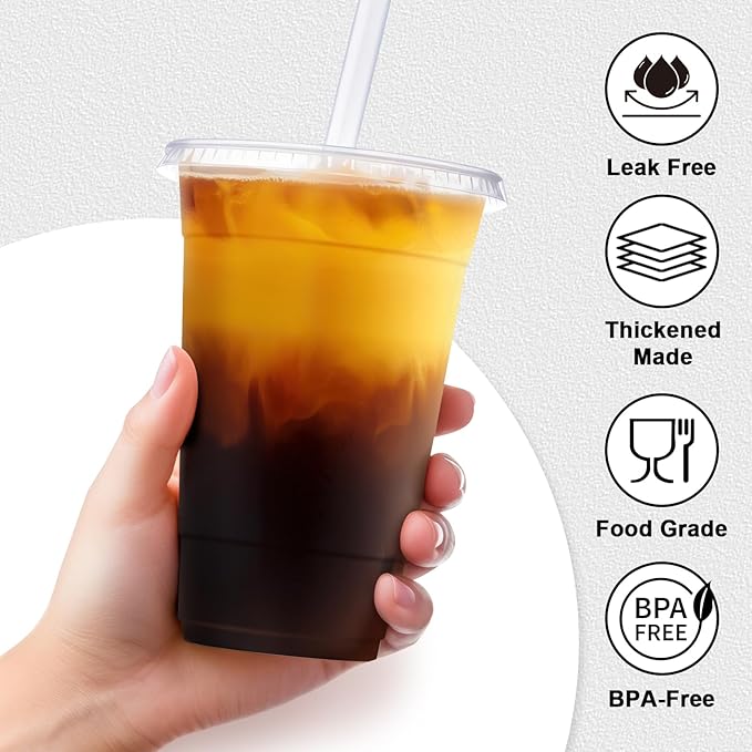 Clawsoff 100 Pack 20 oz Plastic Cups with Lids and Straws Sturdy Food Safe Iced Clear Coffee Cups Disposable Smoothie Cups for Cold Drinks