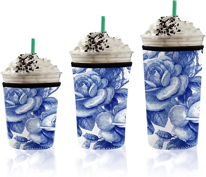 Blue Rose Floral Iced Coffee Sleeve Set chinoiserie blue blue floral coffee sleeve Set of 3 Fits 16oz 24oz 30oz Cups Vintage Botanical Pattern Insulated Coffee Sleeve for Women & Gifts