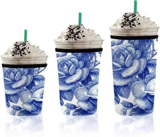 Blue Rose Floral Iced Coffee Sleeve Set chinoiserie blue blue floral coffee sleeve Set of 3 Fits 16oz 24oz 30oz Cups Vintage Botanical Pattern Insulated Coffee Sleeve for Women & Gifts