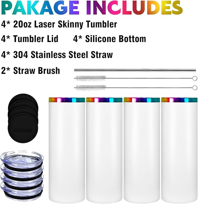 20oz Laser Engraving Straight Skinny Tumblers,4PACK Stainless Steel Skinny tumblers with Lids and Straws,Insulated Vacuum and Powder Coated Coffee Mug for Hot and Cold Drinks (White)