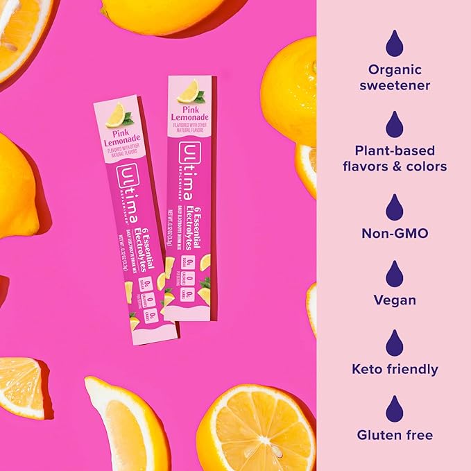 Ultima Replenisher Daily Electrolyte Powder – Pink Lemonade, 20 Stickpacks – Zero Sugar Hydration Packets with 6 Electrolytes and Minerals – Sugar Free, Plant Based & Keto Friendly Drink Mix