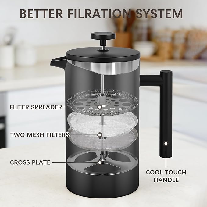 CAOANTRY French Press Coffee Maker, 304 Grade Stainless Steel French Press with 2 Extra Filters for Home, Office, Travel, Camping - 34OZ/2 Litre (Black)