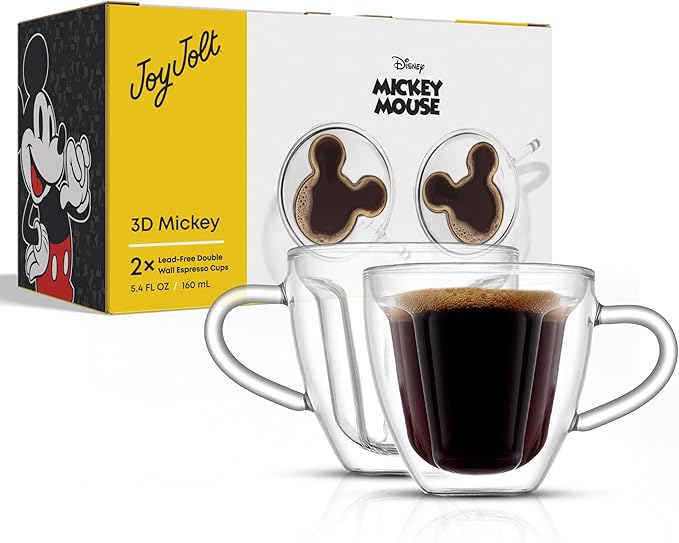 JoyJolt Disney Mickey Mouse 3D Espresso Cups 5.4oz Glass Set of 2 - Insulated Double Wall Design, Unique Coffee Mugs