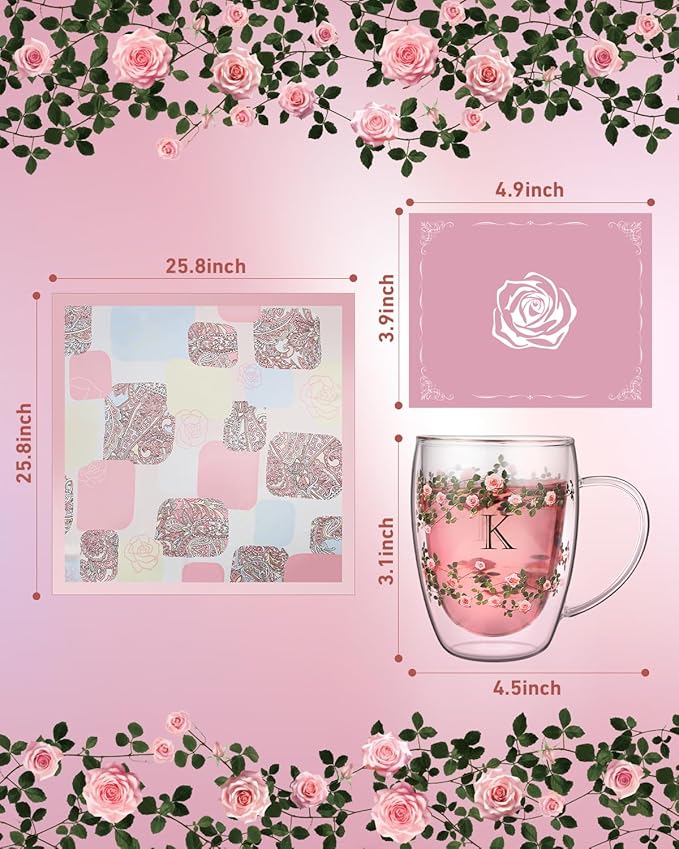 Initial Glass Cup for Women, 12oz Rose Double Walled Glass Coffee Mugs, Personalized Gifts for Women, Initial Coffee Tea Mug with Scarf, Birthday Wedding Gifts for Her Mom Teacher (ROSE-Y)