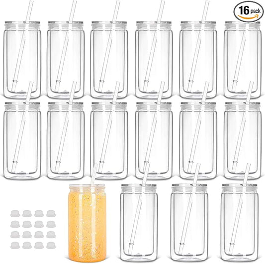 16 Oz Plastic Snow Globe Tumbler with Lid and Straw, 16 Pack Double Wall Pre Drilled Plastic Mason Jar Cups Can for Snow Globe Glitter DIY Gift(Clear)