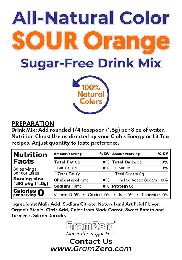 GramZero Sour Orange Zero Calorie Sugar Free Drink Mix, Great For Nutrition Club Loaded Tea, Stevia Sweetened
