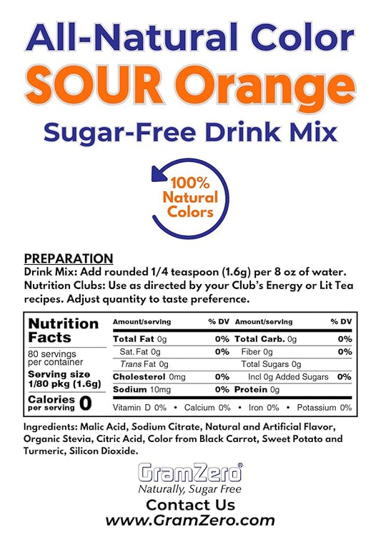 GramZero Sour Orange Zero Calorie Sugar Free Drink Mix, Great For Nutrition Club Loaded Tea, Stevia Sweetened