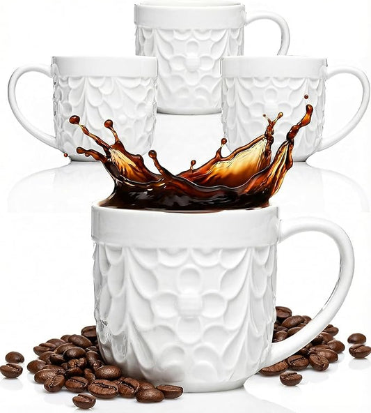 Ceramic Espresso Cups Set of 4 - White Cappuccino Cup with Nature-Inspired Engravings and Comfort-Grip Handle - 3.3 Oz Small Lead-Free Coffee Shot Mugs Safe for Dishwasher, Microwave, Oven, Freezer