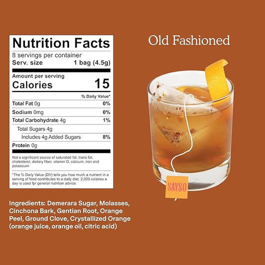 SAYSO Old Fashioned Original Craft Cocktail Tea Bag | Under 1 Min (With Bitters & Orange) | Steep in Whiskey & Cold Water |Organic, Certified Gluten-free & Non-GMO| (<4G Sugar, 15 Calories), 8 count