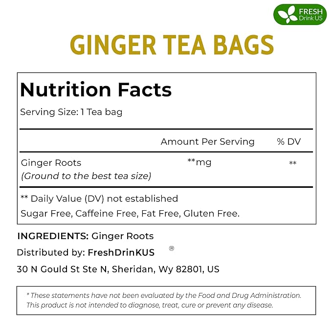 FreshDrinkUS, 150 Premium Ginger Tea Bags, Non GMO, 100% Natural & Pure from Ginger Root, Root Herbal Tea. No Sugar, No Caffeine, No Gluten, Vegan. Support Stronger Digestion, Pleasantly Spicy & Warming