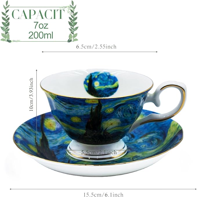 Floral Tea Cups Saucers Set of 2, Bone China 7 oz British Teacups Porcelain Coffee Cup for Rose Tea Cappuccino Espresso Latte (Starry Sky & Starry Sky)