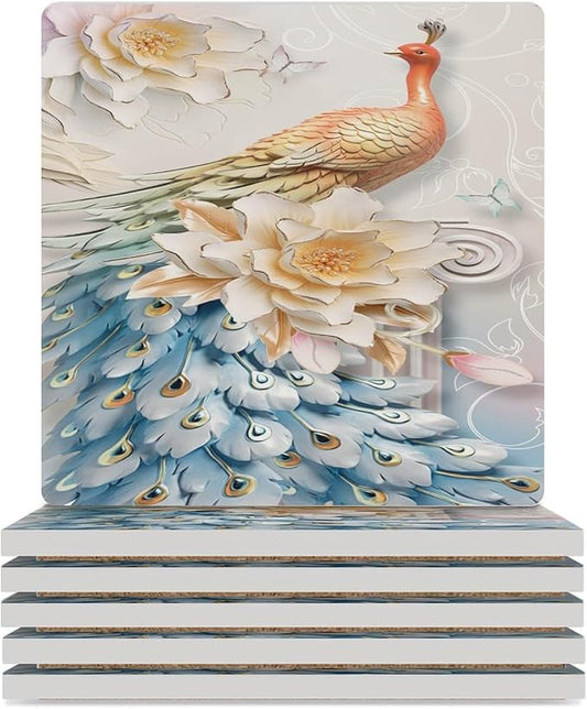 Peacock Drink Coasters, Square Ceramic Drink Coaster Square-6PCS, Vintage Country Flower Beautiful Peacock Floral Decor Absorbent Ceramic Coasters for Beverage Cup, Bar, Coffee Table