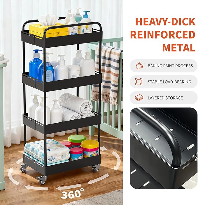 HOTEAGLE 4-Tier Rolling Cart Metal Expandable Utility Carts with Wheels, Ideal Storage Organizer for Livingroom, Bedroom, Kitchen and Bathroom, Black