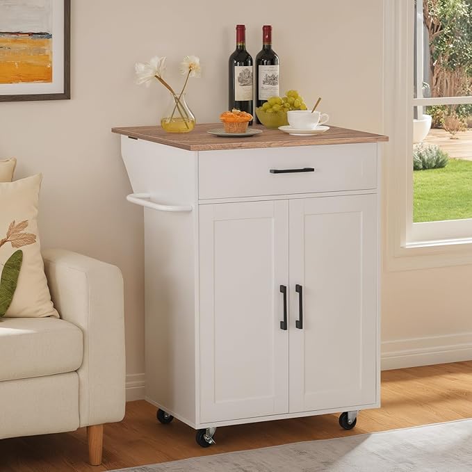 Kitchen Island on Wheels with Drop Leaf, Folding Countertop Kitchen Island Cart, Kitchen Island Table with Towel Rack, Drawer, for Kitchen, Dining Room, White and Walnut KIBZ12501