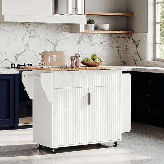 VINGLI Kitchen Island Cart with Storage, Rolling Kitchen Cart on Wheels with Drop Leaf, Drawer & Double Door Cabinet, Portable Kitchen Island for Small Spaces, White