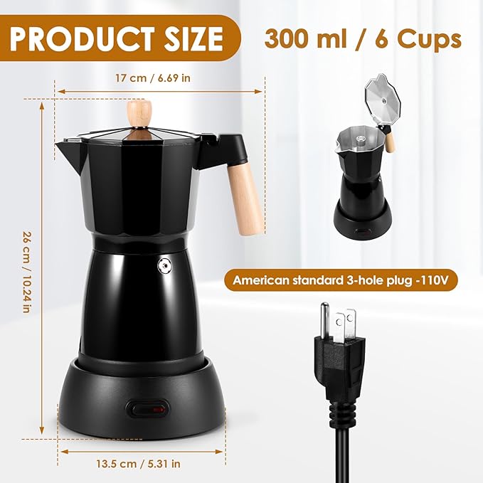 Electric Espresso Coffee Maker - 6 Cup Coffee Pot 300ml Electric Moka Pot, Portable Aluminum Cafeteras Electricas Italian Coffee Maker with Detachable Base, Coffee Machine, Gift for Coffee Lovers