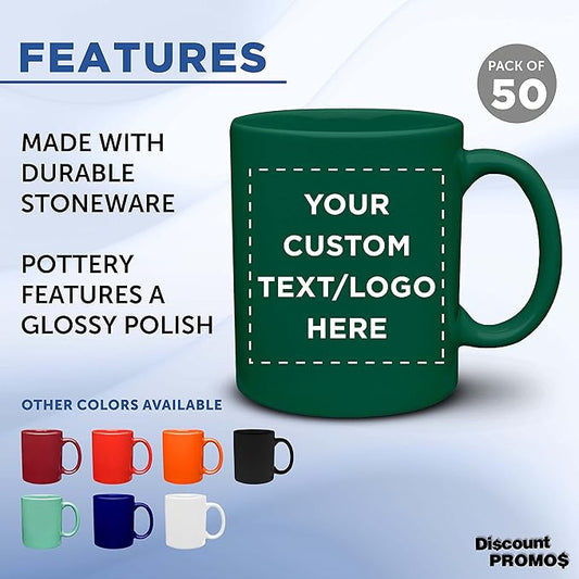 Custom Ceramic Coffee Mugs 11 oz. Set of 50, Personalized Bulk Pack - Coffee cup set, Iced coffee cup, Gaming mug - Green