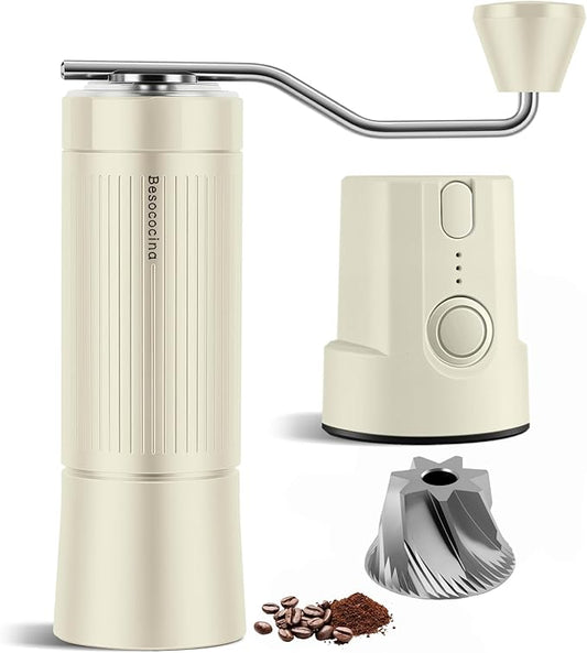 Burr Coffee Grinder 2-in-1 Manual/Electric, 40mm Stainless Steel Conical Burr Coffee Bean Grinder, USB Rechargeable Home Use, 16 Grind Levels for Espresso/Drip/French Press/Mocha (Milky)