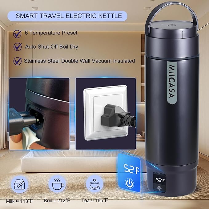 Vacuum-Insulated Portable Electric Kettle,Miicasa Stainless Steel Tumbler Small Electric Kettel,Travel Water Boiler with 6 Temperature and Auto Shut-Off Boil Dry,16oz