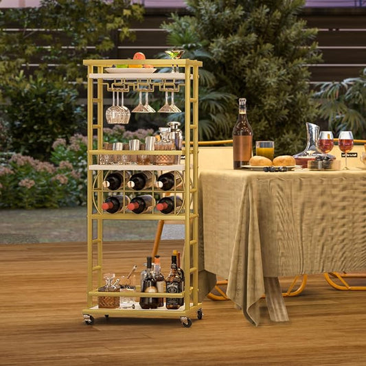 4 Tier Bar Cart with Wheels, Home Bar Serving Cart, Rolling Mini Wine Cart with Wine Rack and Glass Holder, Drink Cart for Dining Room, Living Room, Kitchen, Bar and Outdoor, Gold