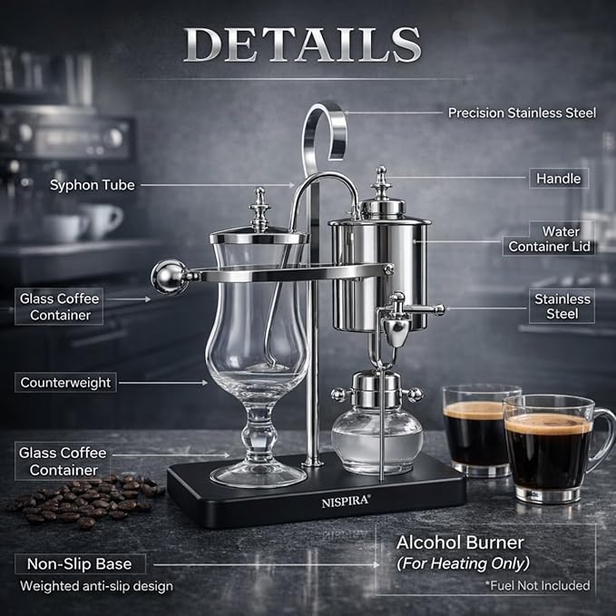 Nispira Belgian Balance Syphon Vacuum Coffee Maker, 500 ml Vintage Gravity Brewing System, Silver Finish, Manual Tabletop Coffee Brewer