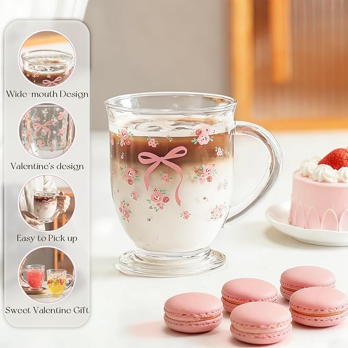 KEMORELA 16oz Valentine's glass coffee mugs Set of 2, Cute Pink Bow glass cup with Handle, Romantic Mug, Sweet Valentine's Gifts for Couple Drinking Glasses for Valentines Party- Dishwasher Safe