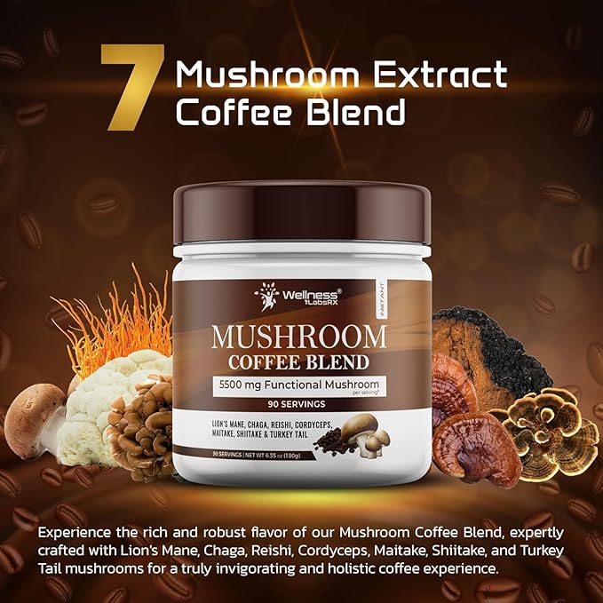 Mushroom Coffee, 90 Servings Organic Mushrooms Instant Coffea, Great Tasting Colombian Keto Coffee, 7 Superfood Mishrooms Lions Mane, Chaga, Reishi, Cordyceps, Maitake, Shiitake, and Turkey Tail - Pack of 2