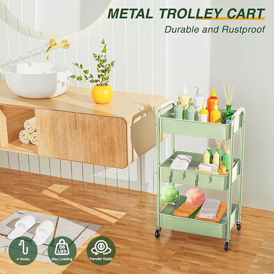 LEHOM 3 Tier Rolling Storage Cart, Metal Trolley Utility Cart with Wheels & Hooks, Easy Assembly Organizer Storage Cart for Bathroom Kitchen Office Bedroom