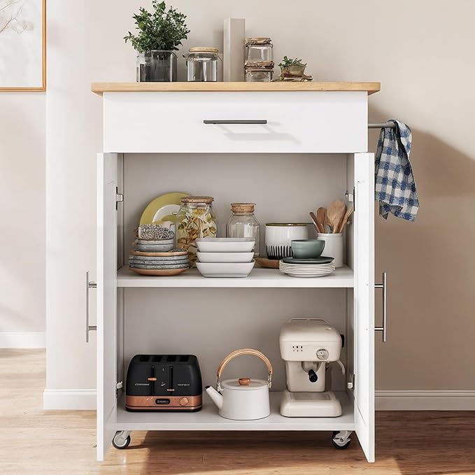 Kitchen Island Cart, Small Kitchen Island with Storage - Large Drawer, Adjustable Shelf & Towel Rack, Mobile Rolling Kitchen Island with Wheels, Space-Saving White Kitchen Organizer for Dining Room