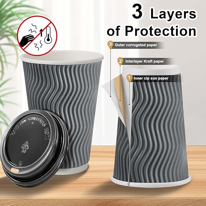 Clawsoff 500 Pack Coffee Cups with Lids 16oz, Disposable Insulated Ripple Wall To Go Paper Coffee Cups for Hot/Cold Drinks Office Home Shop Event (Grey)