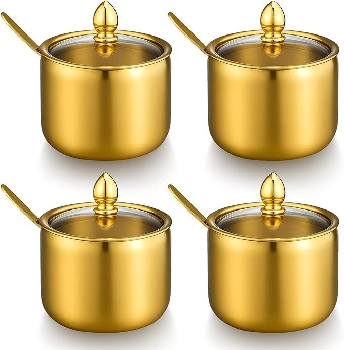 Sibba 4 Pack 10oz Gold Sugar Bowl with Lid And Spoon, Gold Sugar Container Stainless Steel Sugars Creamer Container Durable Round Jar for Coffee Bar Kitchen Accessories for Sugars Salt Coffee Bean