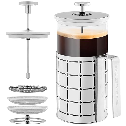 OVENTE French Press Coffee Maker 34 Ounce with Heat Resistant Borosilicate Glass, Stainless Steel Design and 4-Level Filter System, Portable Cold Brewer Pot for Travel, Camping or Gift, Silver FSS34P