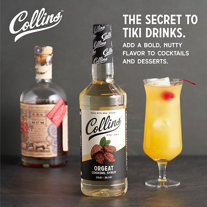 Collins Orgeat Syrup, Almond Syrup for Coffee, Tiki Drinks and Mai Tais, Cocktail Mixer with Floral Notes, 32 Ounces, Set of 1