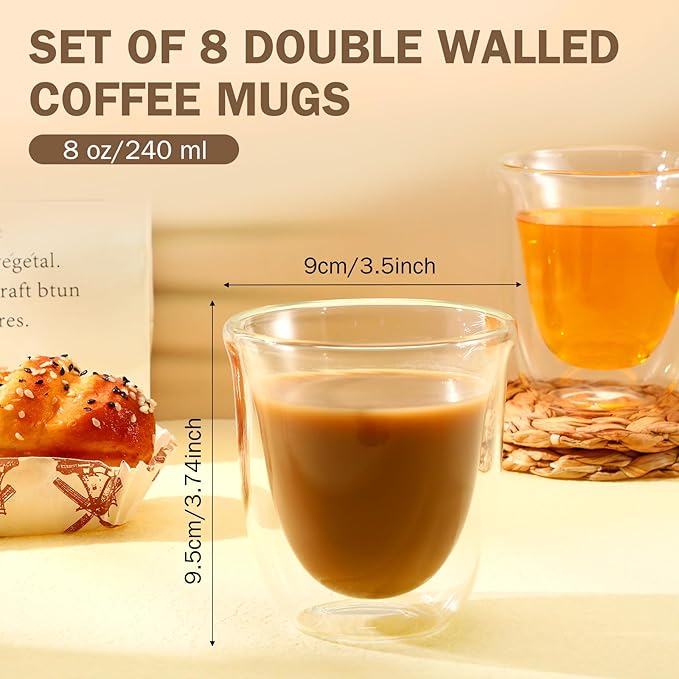 Sieral 8 Pack 8 oz Double Walled Coffee Mugs Glass Espresso Cups without Handle Clear Insulated Demitasse Cups for Cappuccino Tea Latte Beverages
