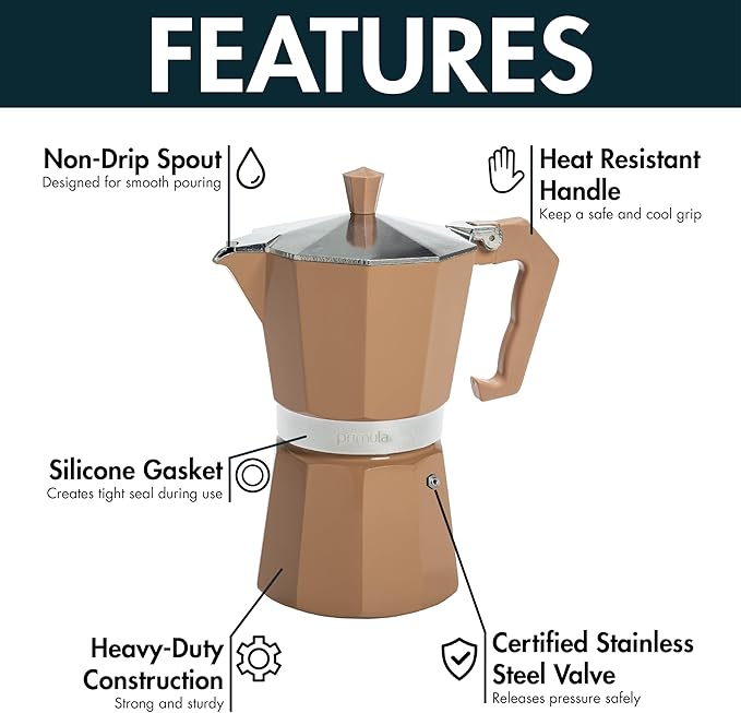 Primula Classic Stovetop Espresso and Coffee Maker, Moka Pot for Italian and Cuban Café Brewing, Greca Coffee Maker, Cafeteras, 6 Espresso Cups, Caramel