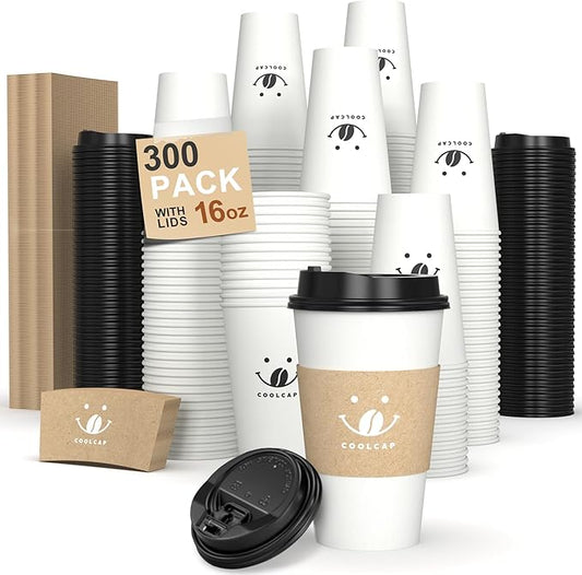 Coolcap Coffee Cups with Lids and Sleeves, 16 oz 300 Pack To Go Cups with Lids, Paper Hot Cups for Hot & Cold Beverage (White, 16 oz)
