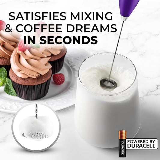 Zulay Kitchen Powerful Milk Frother Wand With 4 AA Duracell Batteries - Ultra Fast Handheld Drink Mixer - Electric Whisk Foam Maker for Coffee, Lattes, Cappuccino, Matcha & Creamer