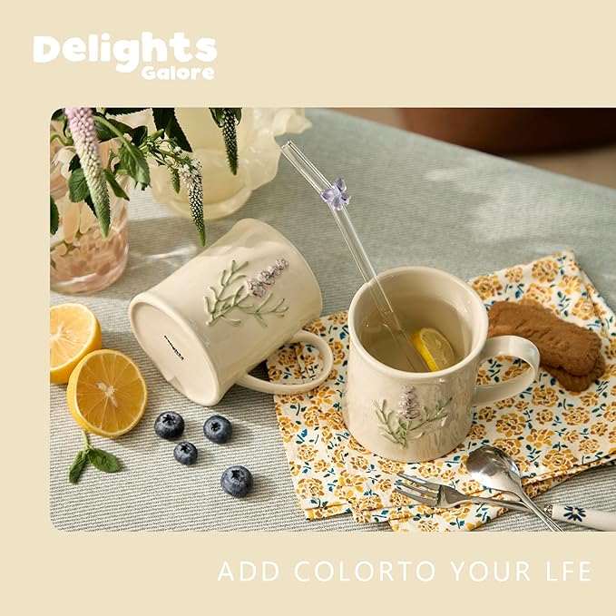 Artisanal Handcrafted Ceramic Mug with Sage Botanical Design - 10oz Off-White Stoneware Coffee Cup, Elegant Purple Sage Pattern, Dishwasher Safe, Comfort Grip Handle for Daily Use-4pack