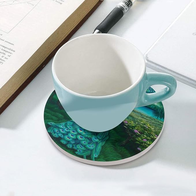 Round-6PCS Peacock Drink Coasters, Round Modern Ceramic Absorbent Coasters, Vintage Tree Branch Beautiful Plant Floral Green Peacock Decor Desk Coffee Table Coaster for Beverage Cup Tea Coasters