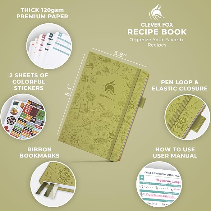 Clever Fox Recipe Book – Blank Family Cookbook – Empty Cooking Journal – Notebook Organizer to Write In Recipes – Medium, A5 (Olive)