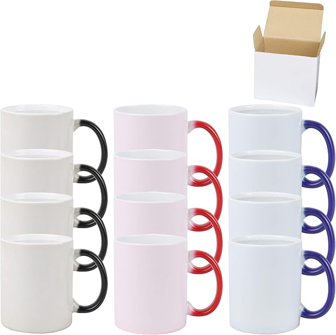 11oz Color Changeable Sublimation Mug 3 Assorted Colors of Black, Blue and Red, Packed in White Box, Case of 12