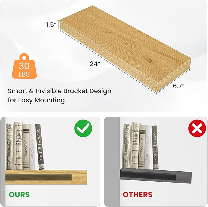 Floating Shelves for Wall, 24" W x 6.7" D x 1.5" H, Wooden Wall Mounted Display Shelves with Invisible Brackets for Living Room, Bedroom, Bathroom, Kitchen Decor and Storage, Set of 2, Oak