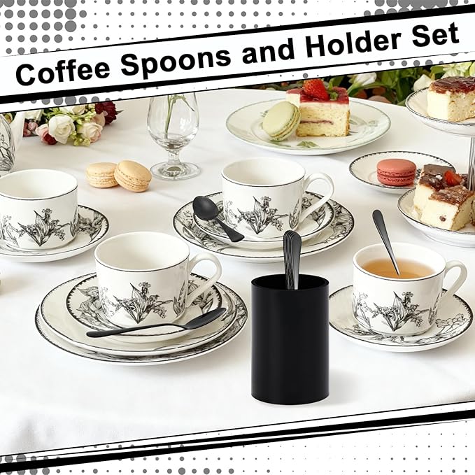 6 PCS Black Coffee Spoons with Holder Small Espresso Coffee Spoons 4.92 Inch Coffee Mixing Spoon Black Dessert Spoon Stainless Steel Tea Spoon Set of 6 for Tea Party Bar