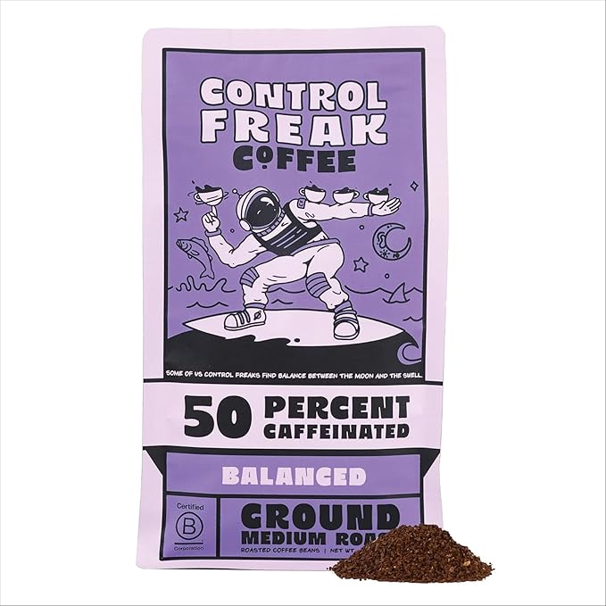 Control Freak Coffee Balanced – 50% Caffeine Ground Coffee (12 Oz) | Half Caff Coffee Blend for Smooth Focus, Full Flavor for Half the Buzz | Sugarcane Decaf, Freshly Roasted Coffee Beans