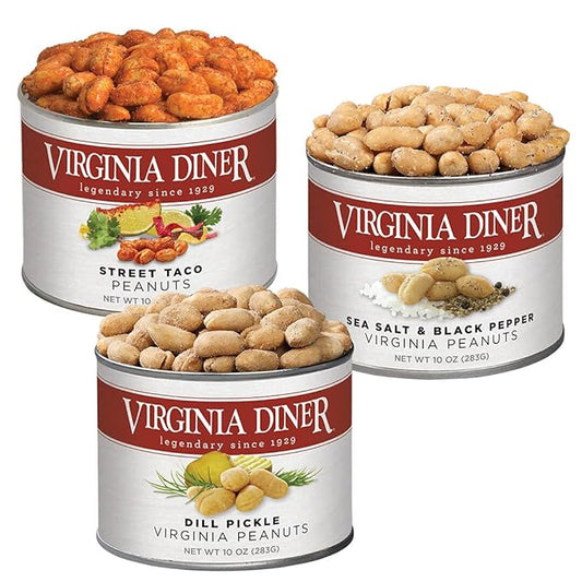 Virginia Diner Simply Savory Peanuts Gift Set Peanut Sampler with Street Taco, Sea Salt & Black Pepper, and Dill Pickle 10 Ounce (Pack of 3)